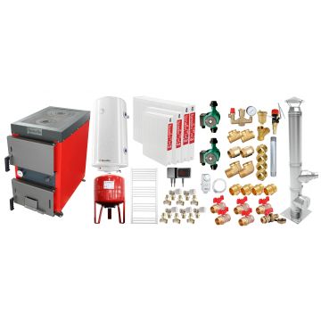 Pachet Cazan (centrala) cu plita pe combustibil solid (lemn, carbune, brichete), Fornello Rustic KP 20 kW, Cos inox, Calorifere otel, Pompe, Boiler, Vas expansiune, Fitinguri montaj