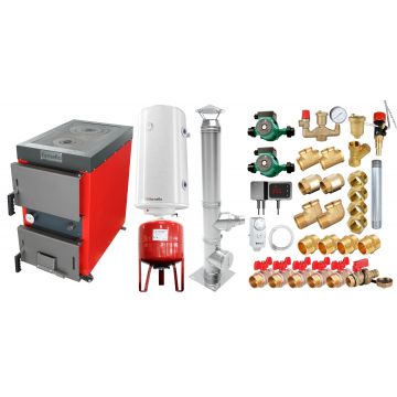 Pachet Cazan (centrala) cu plita pe combustibil solid (lemn, carbune, brichete), Fornello Rustic KP 20 kW, Cos inox, Pompe, Boiler, Vas expansiune, Fitinguri montaj