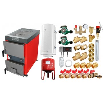 Pachet Cazan (centrala) cu plita pe combustibil solid (lemn, carbune, brichete), Fornello Rustic KP 20 kW, Pompe, Boiler, Vas expansiune, Fitinguri montaj