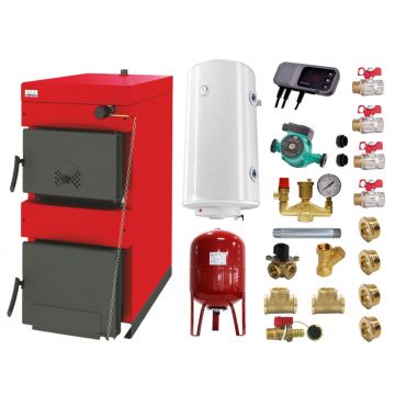 Pachet Centrala pe combustibil solid ​Sunsystem Burnit NWB 35 kW, boiler termoelectric, vas expansiune, pompa circulare, controller pompa, fitinguri montaj