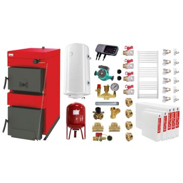 Pachet Centrala pe combustibil solid ​Sunsystem Burnit NWB 35 kW, calorifere, boiler termoelectric, vas expansiune, pompa circulare, controller pompa, fitinguri montaj