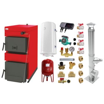Pachet Centrala pe combustibil solid ​Sunsystem Burnit NWB 45 kW, cos inox, boiler termoelectric, vas expansiune, pompa circulare, controller pompa, fitinguri montaj