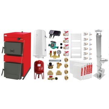 Pachet Centrala pe combustibil solid ​Sunsystem Burnit NWB 45 kW, cos inox, calorifere, boiler termoelectric, vas expansiune, pompa circulare, controller pompa, fitinguri montaj