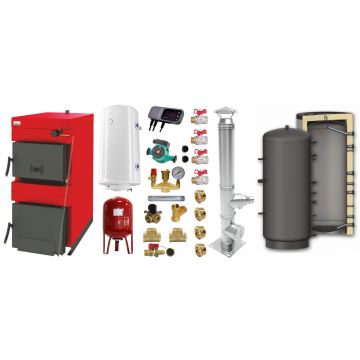 Pachet Centrala pe combustibil solid ​Sunsystem Burnit NWB 45 kW, cos inox, puffer, boiler termoelectric, vas expansiune, pompa circulare, controller pompa, fitinguri montaj