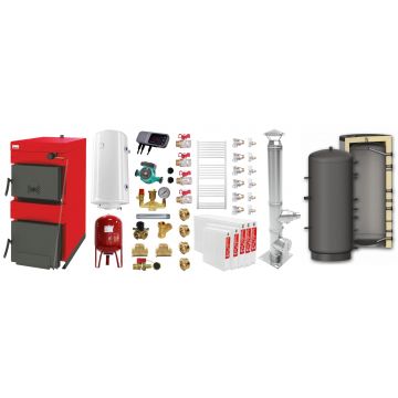 Pachet Centrala pe combustibil solid ​Sunsystem Burnit NWB 45 kW, puffer, cos inox, calorifere, boiler termoelectric, vas expansiune, pompa circulare, controller pompa, fitinguri montaj