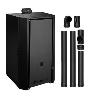 Pachet Centrala pe peleti Fornello EVA B Black 25 KW, pompa circulatie, vas expansiune, Grup siguranta, WI-FI, buncar, tiraj fortat, kit evacuare 2.5 ml, Clasa A++, recomandat pentru 160 mp, Negru