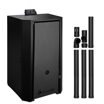 Pachet Centrala pe peleti Fornello EVA B Black 25 KW, pompa circulatie, vas expansiune, Grup siguranta, WI-FI, buncar, tiraj fortat, kit evacuare 3.5 ml, Clasa A++, recomandat pentru 160 mp, Negru
