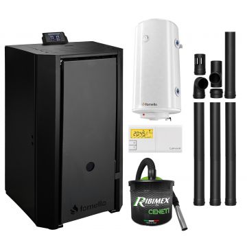 Pachet Centrala pe peleti Fornello EVA B Black 25 KW, pompa circulatie, vas expansiune, Grup siguranta, WI-FI, buncar, tiraj fortat, kit evacuare, termostat Salus 091FLRFV2, aspiratior, boiler 100L, Clasa A++, recomandat pentru 160 mp, Negru