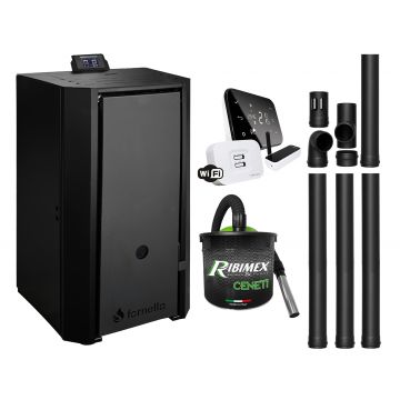 Pachet Centrala pe peleti Fornello EVA B Black 25 KW, pompa circulatie, vas expansiune, Grup siguranta, WI-FI, buncar, tiraj fortat, kit evacuare, termostat Salus IT500, aspiratior, Clasa A++, recomandat pentru 160 mp, Negru