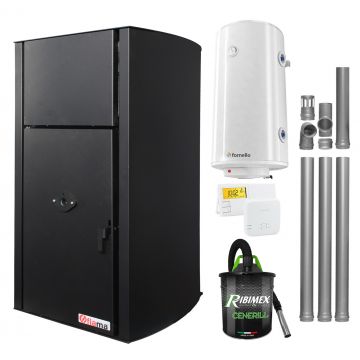 Pachet Centrala pe peleti Fornello Fiama Confort B 30 kW, cu pompa, vas expansiune, automatizare, boiler, termostat, aspirator, kit evacuare 3.5 ml, buncar 35 kg, tiraj fortat, culoare black, pana la 200 mp
