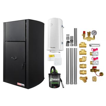 Pachet Centrala pe peleti Fornello Fiama Confort B 30 kW, cu pompa, vas expansiune, automatizare, boiler, termostat, aspirator, kit evacuare 3.5 ml, fitinguri, buncar 35 kg, tiraj fortat, culoare black, pana la 200 mp