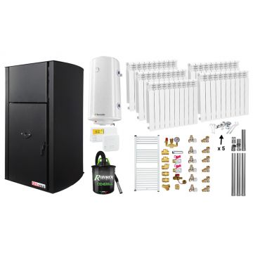 Pachet Centrala pe peleti Fornello Fiama Confort B 30 kW, cu pompa, vas expansiune, automatizare, calorifere aluminiu, boiler, termostat, aspirator, kit evacuare 3.5 ml, fitinguri, buncar 35 kg, tiraj fortat, culoare black, pana la 200 mp