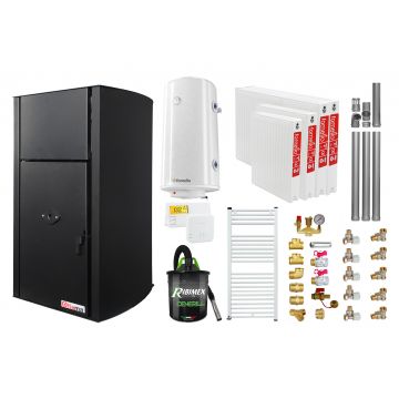 Pachet Centrala pe peleti Fornello Fiama Confort B 30 kW, cu pompa, vas expansiune, automatizare, radiatoare otel, boiler, termostat, aspirator, kit evacuare 3.5 ml, fitinguri, buncar 35 kg, tiraj fortat, culoare black, pana la 200 mp