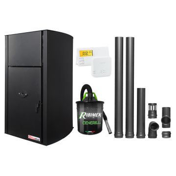 Pachet Centrala pe peleti Fornello Fiama Confort B 30 kW, cu pompa, vas expansiune, automatizare, termostat radio comanda, aspirator cenusa, kit evacuare 2.5 ml, buncar 35 kg, tiraj fortat, culoare black, pana la 200 mp