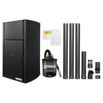 Pachet Centrala pe peleti Fornello Fiama Confort B 30 kW, cu pompa, vas expansiune, automatizare, termostat radio comanda, aspirator cenusa, kit evacuare 3.5 ml, buncar 35 kg, tiraj fortat, culoare black, pana la 200 mp