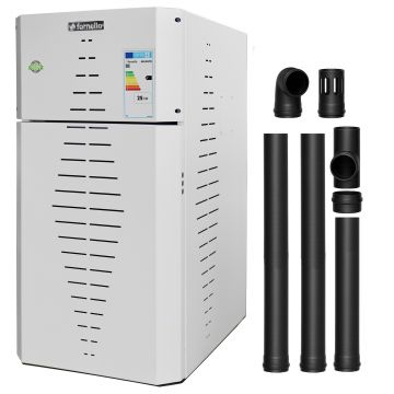 Pachet centrala pe peleti Fornello INCANTO COMPACT 25 kW, pompa electronica, vas expansiune, arzator inox, grup de siguranta, kit evacuare 2.5 ml, sistem de curatare MECANICA a creuzetului si drumurilor de fum, culoare alb