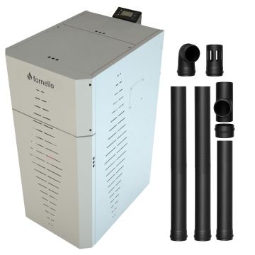 Pachet centrala pe peleti Fornello INCANTO COMPACT 25 kW, pompa electronica, vas expansiune, arzator inox, grup de siguranta, kit evacuare 2.5 ml, sistem de curatare MECANICA a creuzetului si drumurilor de fum, culoare alb