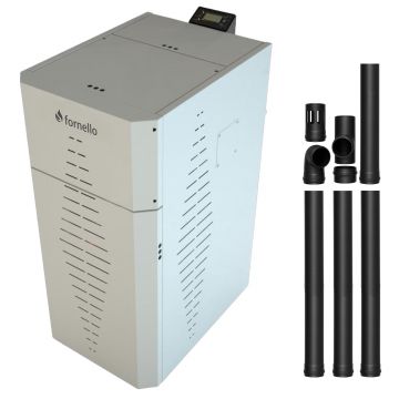 Pachet centrala pe peleti Fornello INCANTO COMPACT 25 kW, pompa electronica, vas expansiune, arzator inox, grup de siguranta, kit evacuare 3.5 ml, sistem de curatare MECANICA a creuzetului si drumurilor de fum, culoare alb