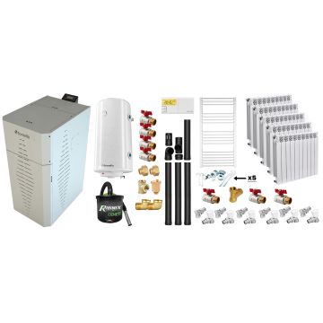 Pachet centrala pe peleti Fornello INCANTO COMPACT 25 kW, pompa electronica, vas expansiune, arzator inox, grup de siguranta, kit evacuare 3.5 ml, termostat, aspiratior, boiler 100L, Radiatoare Aluminiu si Fitinguri montaj