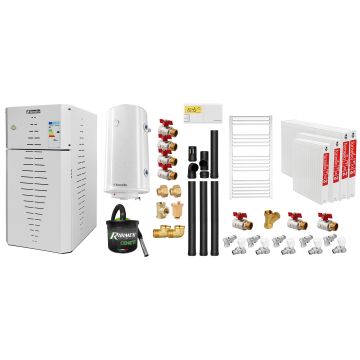 Pachet centrala pe peleti Fornello INCANTO COMPACT 25 kW, pompa electronica, vas expansiune, arzator inox, grup de siguranta, kit evacuare 3.5 ml, termostat, aspiratior, boiler 100L, Radiatoare otel si Fitinguri montaj