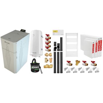Pachet centrala pe peleti Fornello INCANTO COMPACT 25 kW, pompa electronica, vas expansiune, arzator inox, grup de siguranta, kit evacuare 3.5 ml, termostat, aspiratior, boiler 100L, Radiatoare otel si Fitinguri montaj