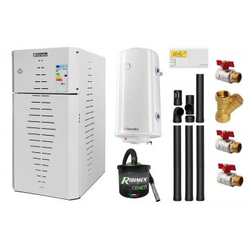 Pachet centrala pe peleti Fornello INCANTO COMPACT 25 kW, pompa electronica, vas expansiune, arzator inox, grup de siguranta, kit evacuare 3.5 ml, termostat, aspiratior, boiler 100L si Fitinguri montaj