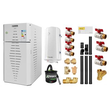 Pachet centrala pe peleti Fornello INCANTO COMPACT 25 kW, pompa electronica, vas expansiune, arzator inox, grup de siguranta, kit evacuare 3.5 ml, termostat, aspiratior, boiler 100L si Fitinguri montaj centrala/boiler