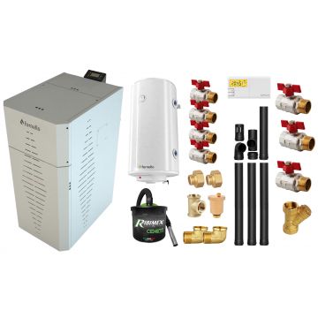 Pachet centrala pe peleti Fornello INCANTO COMPACT 25 kW, pompa electronica, vas expansiune, arzator inox, grup de siguranta, kit evacuare 3.5 ml, termostat, aspiratior, boiler 100L si Fitinguri montaj centrala/boiler