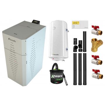 Pachet centrala pe peleti Fornello INCANTO COMPACT 25 kW, pompa electronica, vas expansiune, arzator inox, grup de siguranta, kit evacuare 3.5 ml, termostat, aspiratior, boiler 100L si Fitinguri montaj