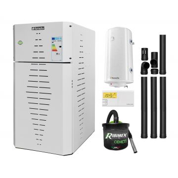 Pachet centrala pe peleti Fornello INCANTO COMPACT 25 kW, pompa electronica, vas expansiune, arzator inox, grup de siguranta, kit evacuare, termostat Salus 091FLRFV2, aspiratior, boiler 100L, sistem de curatare MECANICA a creuzetului si drumurilor de