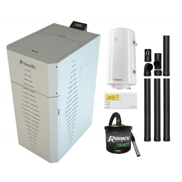 Pachet centrala pe peleti Fornello INCANTO COMPACT 25 kW, pompa electronica, vas expansiune, arzator inox, grup de siguranta, kit evacuare, termostat Salus 091FLRFV2, aspiratior, boiler 100L, sistem de curatare MECANICA a creuzetului si drumurilor de