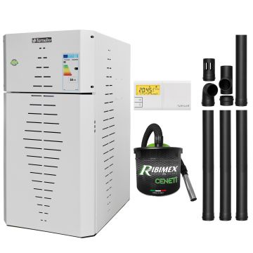 Pachet centrala pe peleti Fornello INCANTO COMPACT 25 kW, pompa electronica, vas expansiune, arzator inox, grup de siguranta, kit evacuare, termostat Salus 091FLRFV2, aspiratior, sistem de curatare MECANICA a creuzetului si drumurilor de fum, culoare