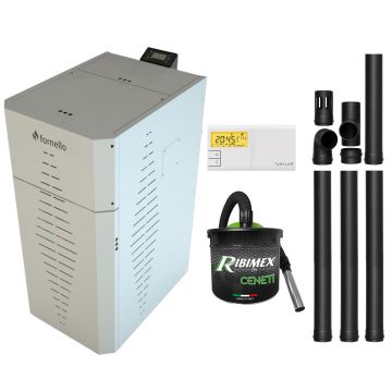 Pachet centrala pe peleti Fornello INCANTO COMPACT 25 kW, pompa electronica, vas expansiune, arzator inox, grup de siguranta, kit evacuare, termostat Salus 091FLRFV2, aspiratior, sistem de curatare MECANICA a creuzetului si drumurilor de fum, culoare