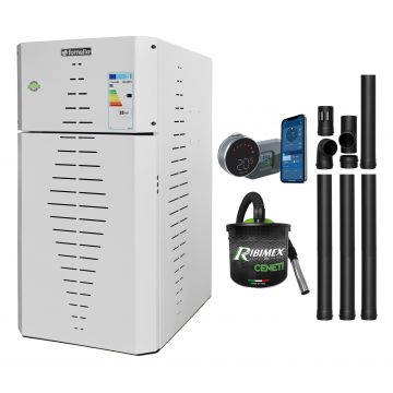 Pachet centrala pe peleti Fornello INCANTO COMPACT 25 kW, pompa electronica, vas expansiune, arzator inox, grup de siguranta, kit evacuare, termostat Salus IT 800, aspiratior, sistem de curatare MECANICA a creuzetului si drumurilor de fum