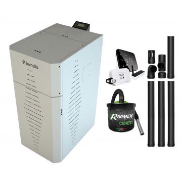 Pachet centrala pe peleti Fornello INCANTO COMPACT 25 kW, pompa electronica, vas expansiune, arzator inox, grup de siguranta, kit evacuare, termostat Salus IT500, aspiratior, sistem de curatare MECANICA a creuzetului si drumurilor de fum, culoare
