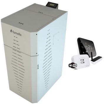 Pachet centrala pe peleti Fornello INCANTO COMPACT 25 kW, pompa electronica, vas expansiune, arzator inox, grup de siguranta, termostat wifi salus IT500, sistem de curatare MECANICA a creuzetului si drumurilor de fum, culoare alb