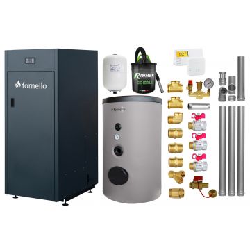 Pachet Centrala pe peleti Fornello King Plus 25 KW, boiler de sol, termostat, aspirator, kit evacuare, fitinguri, pompa de circulatie, vas de expansiune, supapa de siguranta, automatizare, rezervor pentru peleti 100 kg, creuzet din fonta, tiraj forta