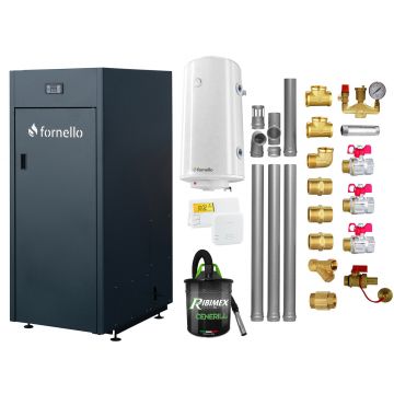 Pachet Centrala pe peleti Fornello King Plus 25 KW, boiler, termostat, aspirator, kit evacuare, fitinguri, pompa de circulatie, vas de expansiune, supapa de siguranta, automatizare, rezervor pentru peleti 100 kg, creuzet din fonta, tiraj fortat