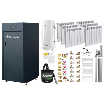 Pachet Centrala pe peleti Fornello King Plus 25 KW, calorifere aluminiu, boiler, termostat, aspirator, kit evacuare, fitinguri, pompa de circulatie, vas de expansiune, supapa de siguranta, automatizare, rezervor pentru peleti 100 kg, creuzet din font