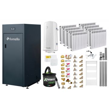 Pachet Centrala pe peleti Fornello King Plus 30 KW, calorifere aluminiu, boiler, termostat, aspirator, kit evacuare, fitinguri, pompa de circulatie, vas de expansiune, supapa de siguranta, automatizare, rezervor pentru peleti 125 kg