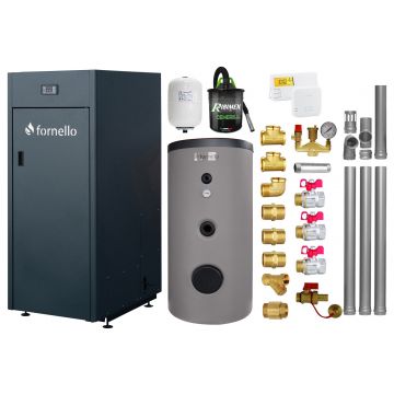 Pachet Centrala pe peleti Fornello King Plus 35 KW, boiler de sol, termostat, aspirator, kit evacuare, fitinguri, pompa de circulatie, vas de expansiune, supapa de siguranta, automatizare, rezervor pentru peleti 145 kg, creuzet din fonta, tiraj forta