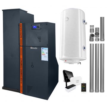 Pachet Centrala termica compacta pe peleti Fornello Rossi Camino Compact Automatic 25 kw, boiler, kit evacuare, pompa de circulatie, vas expansiune, tiraj fortat, curatare automata a arzatorului si a drumurilor de fum, culoare antracit, Ecodesign, A+