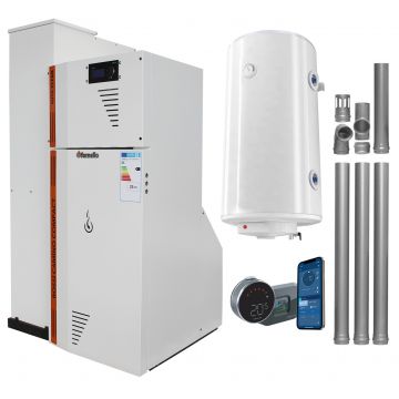 Pachet Centrala termica compacta pe peleti Fornello Rossi Camino Compact Automatic 25 kw, boiler, kit evacuare, pompa de circulatie, vas expansiune, tiraj fortat, curatare automata a arzatorului si a drumurilor de fum, Ecodesign, A+