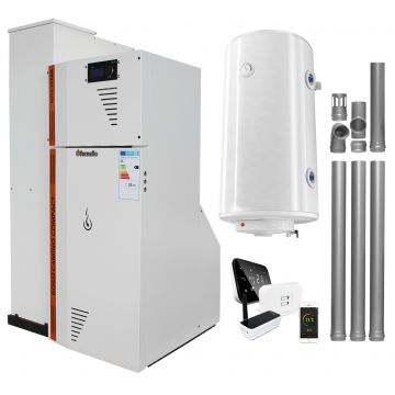 Pachet Centrala termica compacta pe peleti Fornello Rossi Camino Compact Automatic 25 kw, boiler, kit evacuare, pompa de circulatie, vas expansiune, tiraj fortat, curatare automata a arzatorului si a drumurilor de fum, Ecodesign, A+
