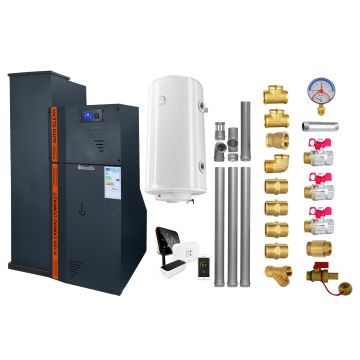 Pachet Centrala termica compacta pe peleti Fornello Rossi Camino Compact Automatic 25 kw, boiler, termostat, kit evacuare, fitinguri, pompa de circulatie, vas expansiune, tiraj fortat, curatare automata a arzatorului si a drumurilor de fum, antracit