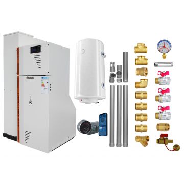 Pachet Centrala termica compacta pe peleti Fornello Rossi Camino Compact Automatic 25 kw, boiler, termostat, kit evacuare, fitinguri, pompa de circulatie, vas expansiune, tiraj fortat, curatare automata a arzatorului si a drumurilor de fum, Ecodesign
