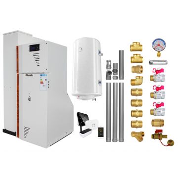 Pachet Centrala termica compacta pe peleti Fornello Rossi Camino Compact Automatic 25 kw, boiler, termostat, kit evacuare, fitinguri, pompa de circulatie, vas expansiune, tiraj fortat, curatare automata a arzatorului si a drumurilor de fum, Ecodesign