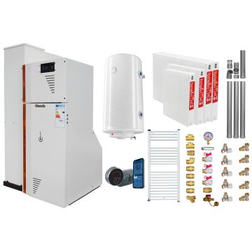 Pachet Centrala termica compacta pe peleti Fornello Rossi Camino Compact Automatic 25 kw, calorifere, boiler, termostat, kit evacuare, fitinguri, pompa de circulatie, vas expansiune, tiraj fortat, curatare automata a arzator si  drumuri de fum
