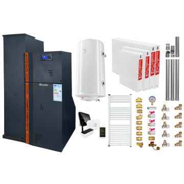 Pachet Centrala termica compacta pe peleti Fornello Rossi Camino Compact Automatic 25 kw, calorifere, boiler, termostat, kit evacuare, fitinguri, pompa de circulatie, vas expansiune, tiraj fortat, curatare automata a arzator si  drumuri de fum, antra