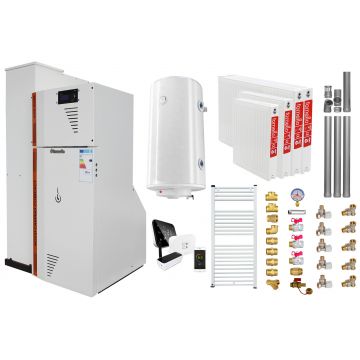 Pachet Centrala termica compacta pe peleti Fornello Rossi Camino Compact Automatic 25 kw, calorifere, boiler, termostat, kit evacuare, fitinguri, pompa de circulatie, vas expansiune, tiraj fortat, curatare automata a arzator si  drumuri de fum